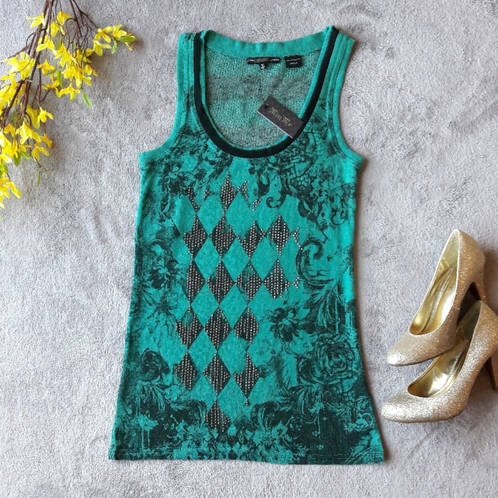 Miss Me Green/Blue Floral Diamond Striped Tank Top